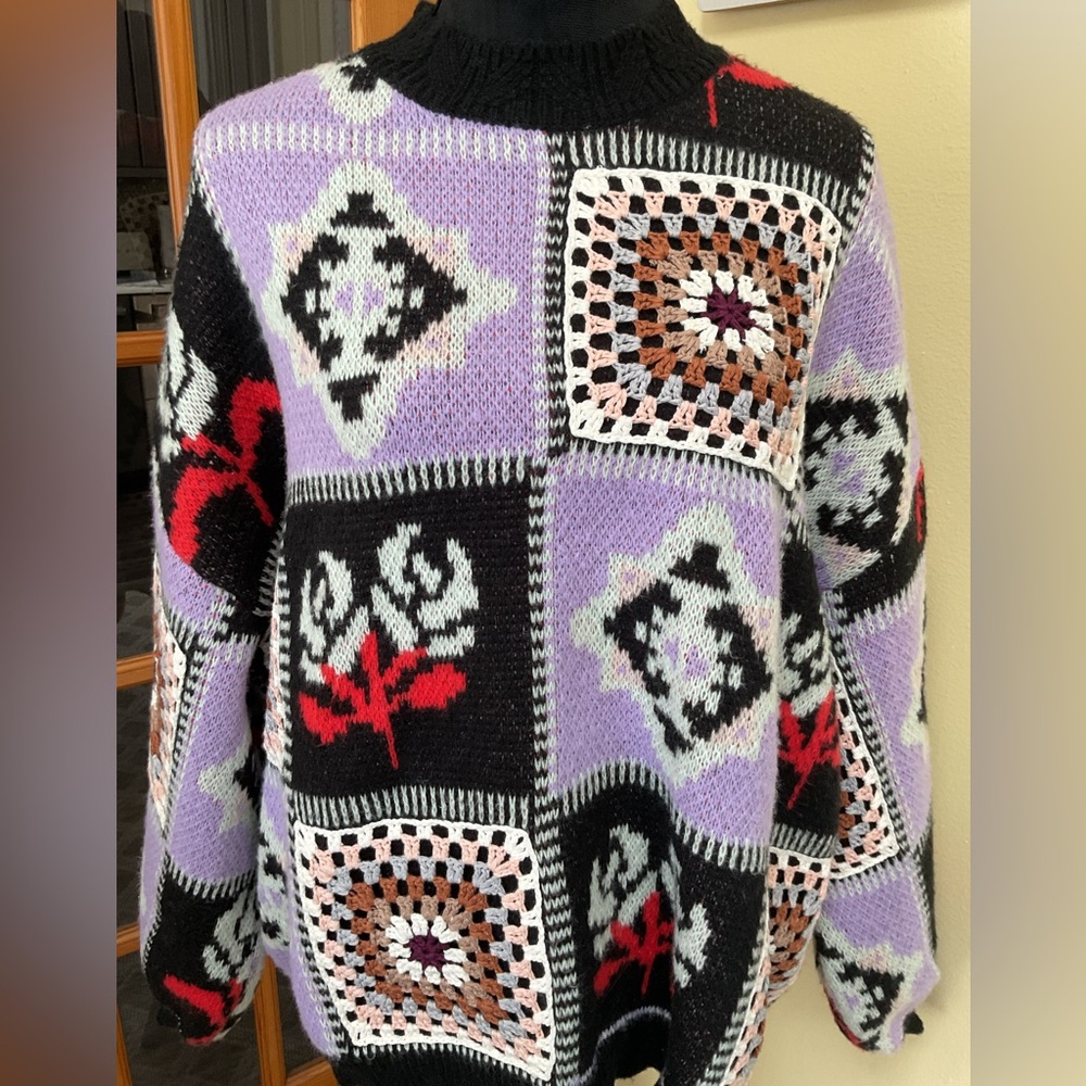 NEW POL CROCHET GRANNY SQUARE SWEATER - Picture 2 of 4